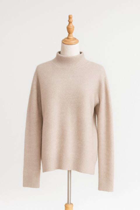Cashmere Zigzag Knit T-Neck Cuff & Bottom Rib